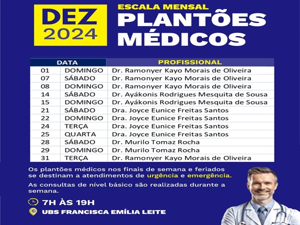 CRONOGRAMA DE PLANTÕES MÉDICOS PARA O MÊS DE DEZEMBRO DE 2024